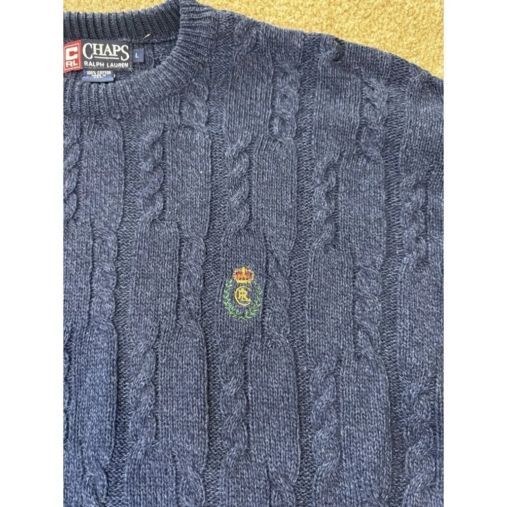 CHAPS RALPH LAUREN VTG Blue Cable Knit Sweater Chunky Crest Logo Cotton USA L